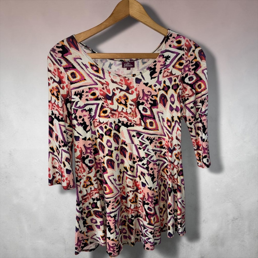 Salaam Womens Pink Purple Abstract Geometric 3/4 Y2K Sleeve Tunic Top Small USA
